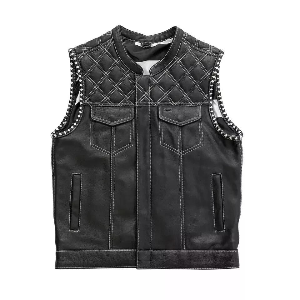 Men's Black Leather Club Vest - Real Cowhide with American Flag Lining ...