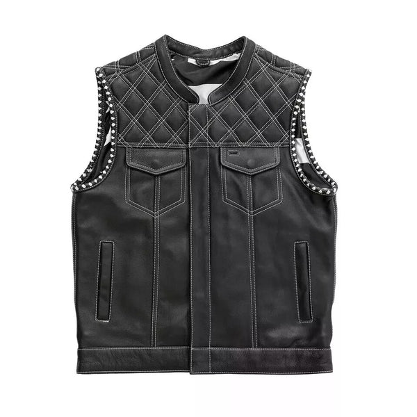 Men's Black Leather Club Vest - Real Cowhide with American Flag Lining, Perfect