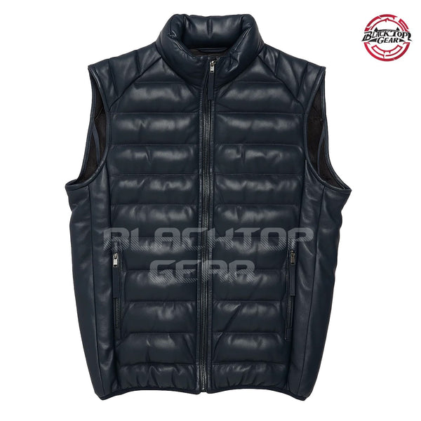 Men's Navy Blue Lambskin Leather Puffer Down Biker Vest Padded Quilted Waistcoat