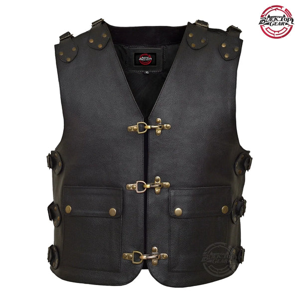 BlackTop® Men's Genuine Cow Leather Heavy Buckle Rocker Biker Motorcycle Vest