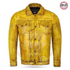 Men’s Distressed Yellow Leather Trucker Motorcycle/ Biker Shirt Leather Jacket