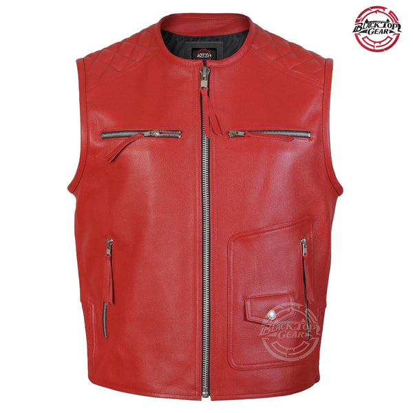 BlackTop® Men’s Classic Red Leather Biker Vest Diamond Quilted Motorbike club