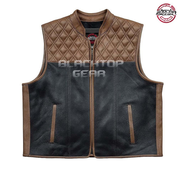 Men’s Diamond Quilted Motorcycle Leather Vest Black Brown Biker Club Style Waist