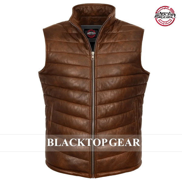 Men's Quilted Down Puffer Leather Vest Jacket Brown Real Lambskin Vest Waistcoat