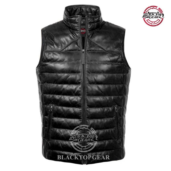 Men's Black Puffer Quilted Real Leather Vest Lambskin Biker Motorcycle Jacket