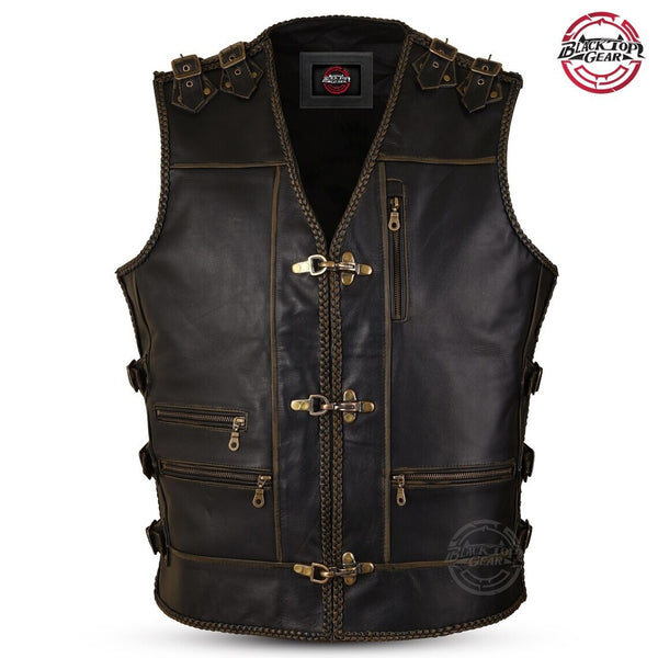BlackTop® Men’s Cow Leather Vest | Heavy Antique Brass Hook Clasp For Motorcycle