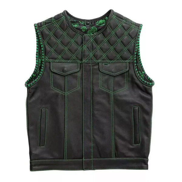 Black Leather Men's Motorcycle Biker Green Paisley Lining Club Vest Waistcoat