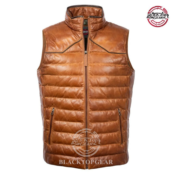 Men's Brown Puffer Quilted Real Leather Vest Lambskin Biker Motorcycle Jacket