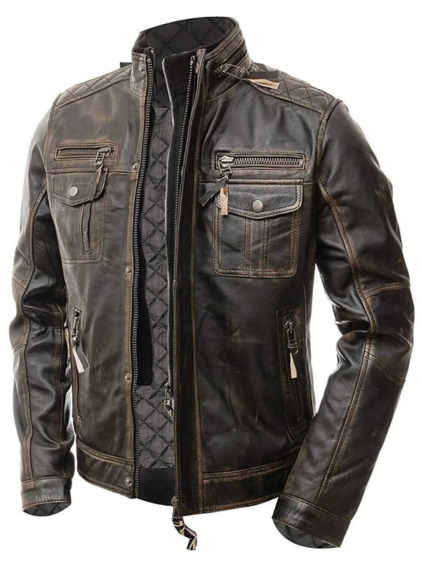 Men's Genuine Lambskin Leather Jacket-Brown Distressed with Double Zipper S-5XL