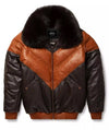Men Genuine Leather Puffer Padded Bubble Down Quilted Fur Collar V-Bomber Jacket