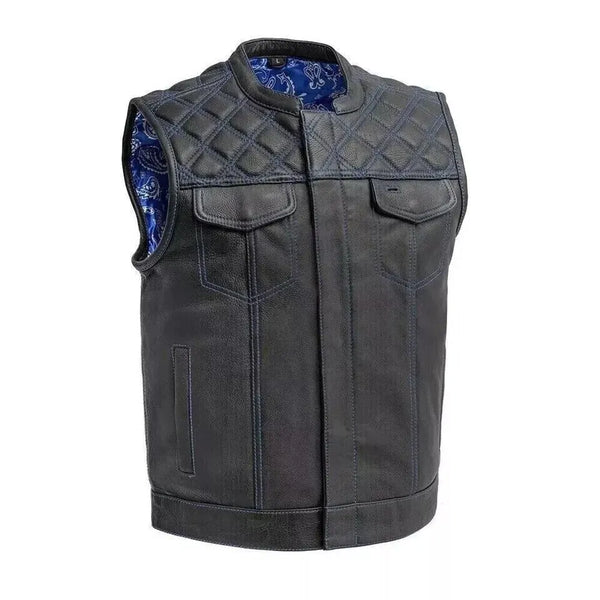 Men's Black Leather Motorbike Vest Handmade Motorcycle Club Vest Diamond Stitch