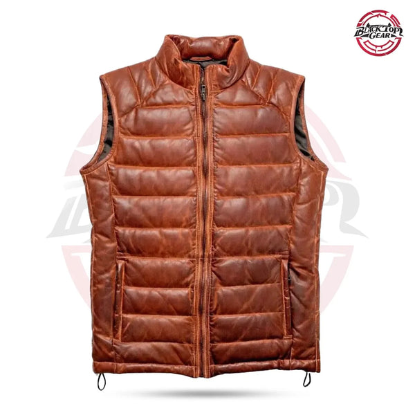 Men's Puffer Leather Vest Biker Style Real Sheep Sleeveless Quilted Down Jacket