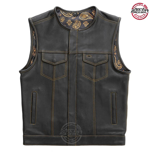 BlackTop® Black Leather Motorcycle Vest Gold Lining Concealed Waistcoat S-6XL