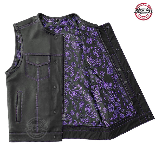 Men's Black Leather Motorcycle Vest Collerless Purple Lining Concealed Waistcoat