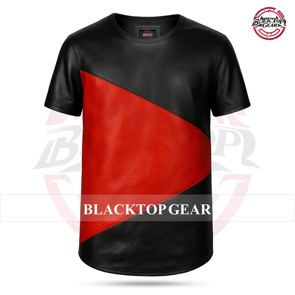 Men's New Classic Black & Red Genuine Lambskin Leather T-Shirt All Sizes