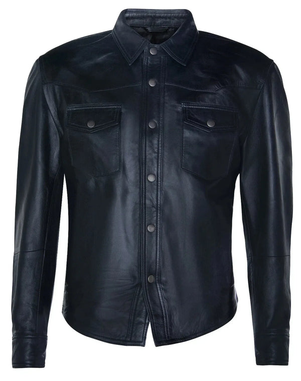 Men's Premium Black Biker Leather Shirt. Real Soft Sheepskin Biker leather Shirt