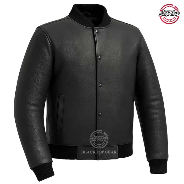 Black Bomber Leather Jacket 100% Real Soft Cowhide Leather Varsity