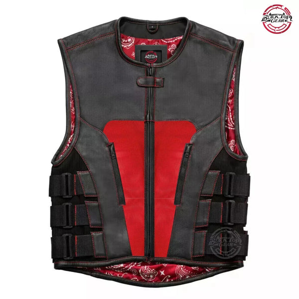 Men's SWAT Style Bike Black Vest Perforated Red Panel & Paisley Lining Waistcoat