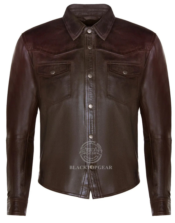 Men's Premium Brown Biker Leather Shirt. Real Soft Sheepskin Biker leather Shirt