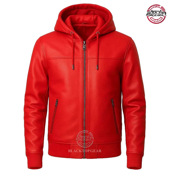 Men's Red Premium Leather Handmade Hoodie Genuine Lambskin Leather Hoodie