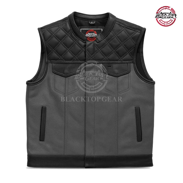 Men Black Premium Leather Gray Hunt Club Motorcycle Vest - Gun Pocket Biker Vest