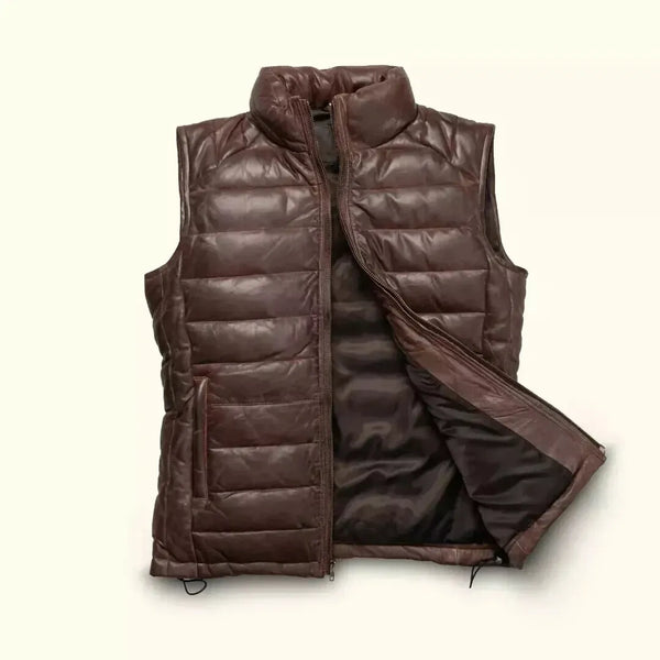 Men's Brown Lambskin Leather Puffer Down Biker Vest Padded Quilted Waistcoat
