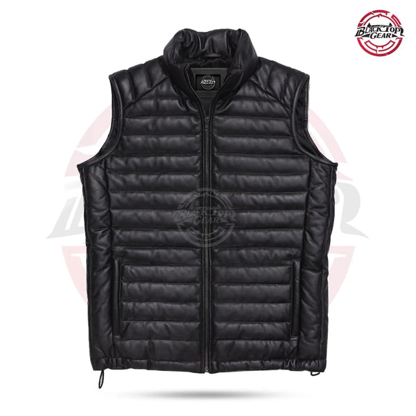 Men's Black Lambskin Leather Down Puffer Biker Vest - Padded Quilted Waistcoat