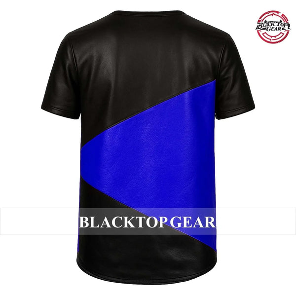 Men's New Classic Black & Blue Genuine Lambskin Leather T-Shirt All Sizes