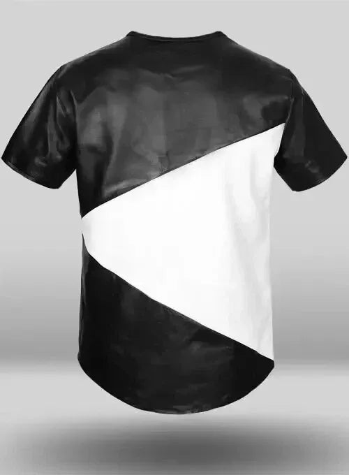 Men's New Classic Black & White Genuine Lambskin Leather T-Shirt All Sizes