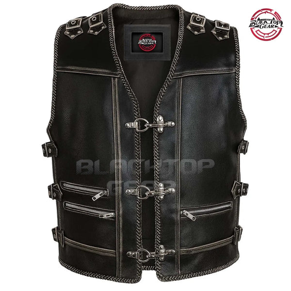 BlackTop® Mens Genuine Leather Rocker Biker Vest–Heavy-Duty Motorcycle Waistcoat