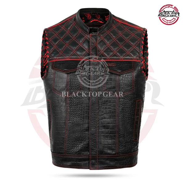 Premium Black Leather Motorcycle Vest for Men Custom Red Stitching Croc Patteren
