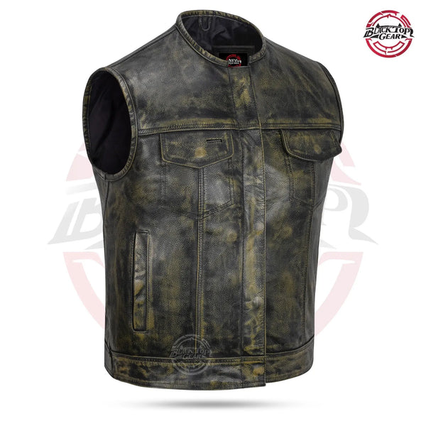 Men SOA Anarchy Distressed Brown Motorcycle Biker Leather Vest with Gun Pockets