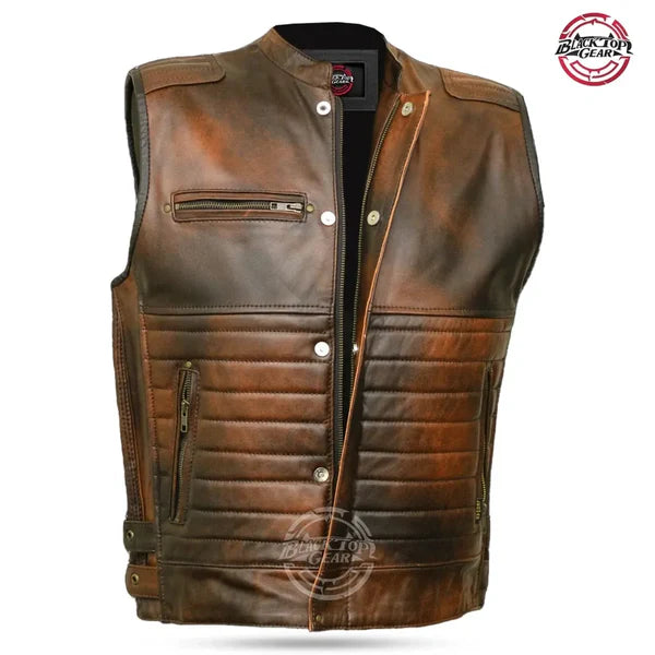 Men’s Distressed Brown Leather Vest–Motorcycle Style, Stretch Fit, Zipper & Stud