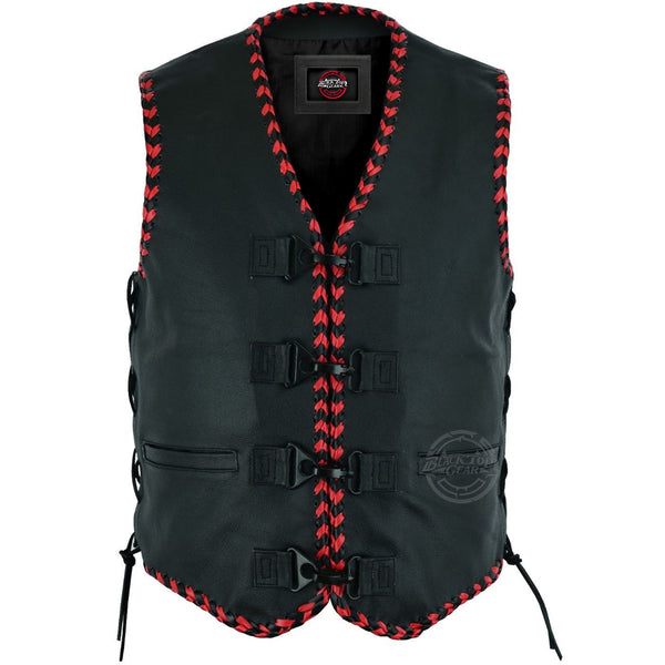 Men's Motorcycle Red Braided Cowhide Leather Hook Clip Vests Motorbike Rider Vest Side Lace