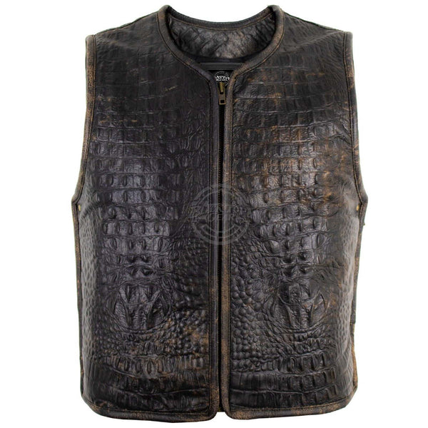 Men's Motorcycle Cowhide Leather Vest Alligator Embossed vest Conceal Carry Side Zipper Adjustable