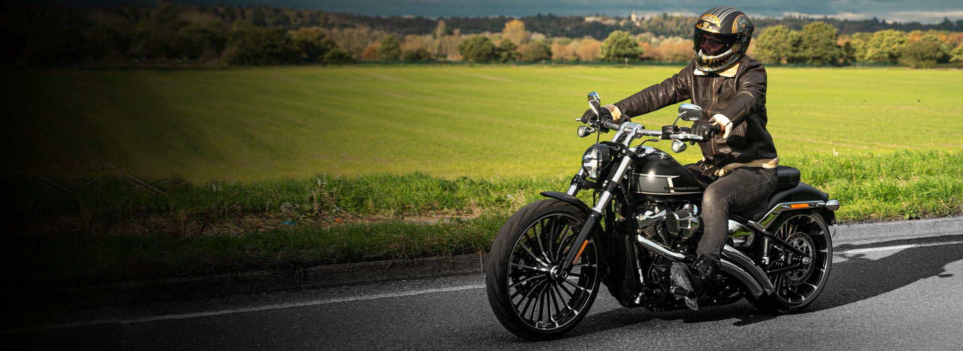 Person riding a motorcycle on a road with a green field in the background