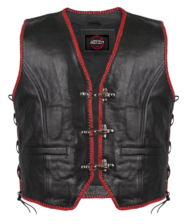 Men's Genuine Buffalo Black Leather Biker Vest Red Braided Motorcycle Waistcoat