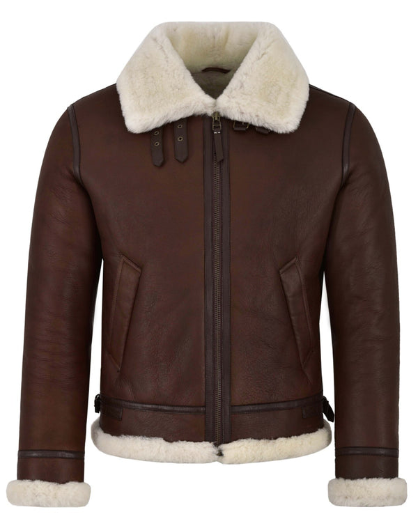 Men's RAF Aviator B3 Shearling Sheepskin Flying Jacket Chestnut Ivory Fur Reagan