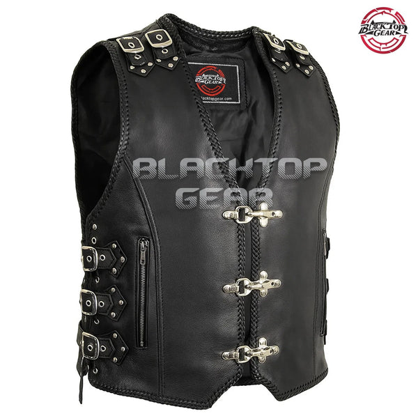 Men's Heavy Duty Genuine Black Leather Biker Vest Rocker Motorcycle Waistcoat