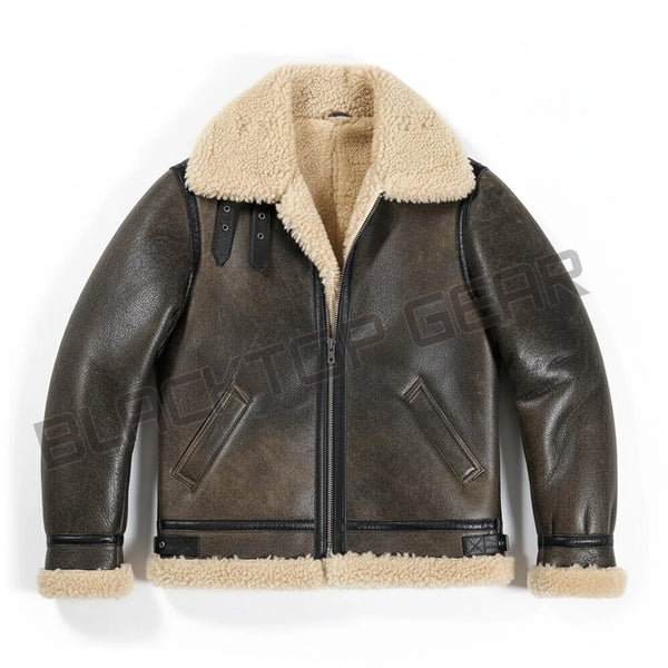 Men's Distressed Brown B3 Bomber Lambskin Fur Real Lambskin Leather Jacket
