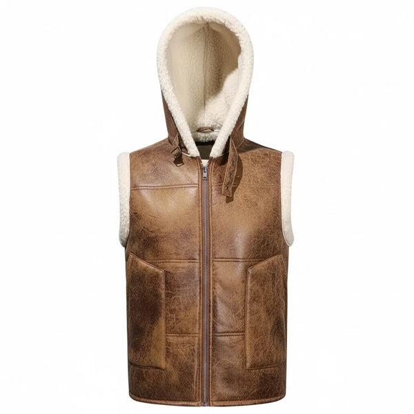 Men's Aviator RAF B3 Real Shearling Bomber Brown Leather Vest Sheepskin Fur Vest