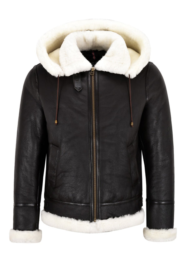 Men's B3 Shearling Sheepskin Leather Jacket Brown Hooded Bomber Jacket