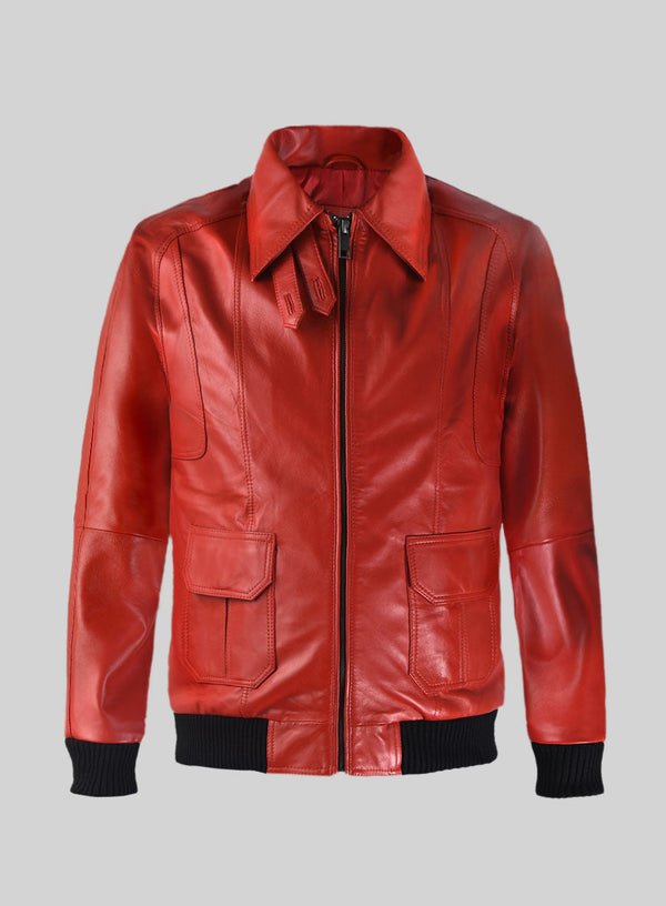 Men’s Classic Red Leather Bomber Jacket – Real Cowhide Coat with Front Pockets & Ribbed Cuffs