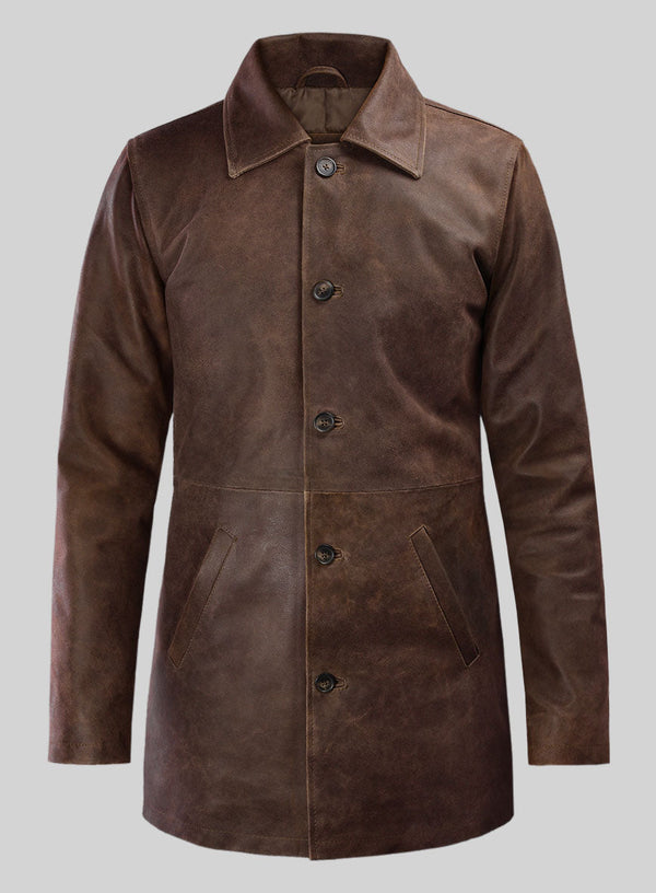 Men’s Distressed Brown Leather Coat – Vintage Long Trench Jacket Made from Real Cowhide